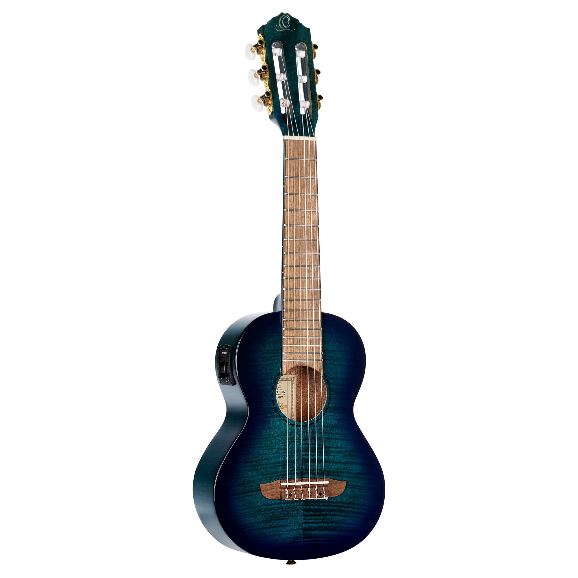 ORTEGA Mini Travel Series 1/8 Gitarre 6 String - geflammtes Mahagoni Faded Blue + Bag