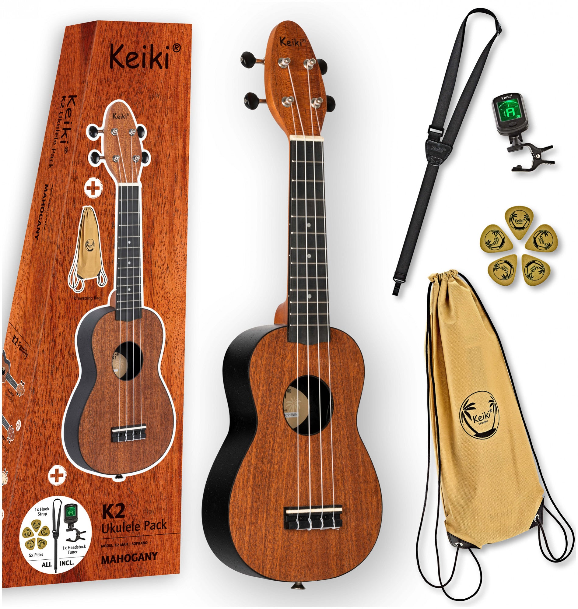 KEIKI K2 Serie Sopran Ukulele Set - Agathis / Mahogany Natural