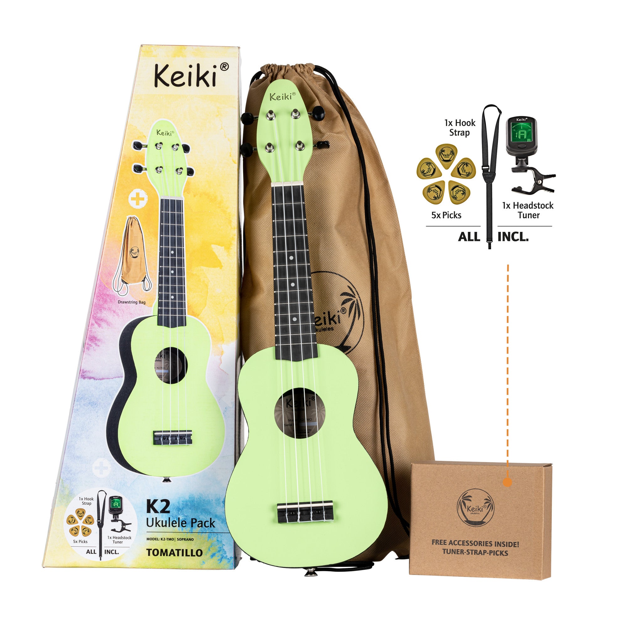 KEIKI K2 Serie Sopran Ukulele Set - Agathis / ABS Tomatillo