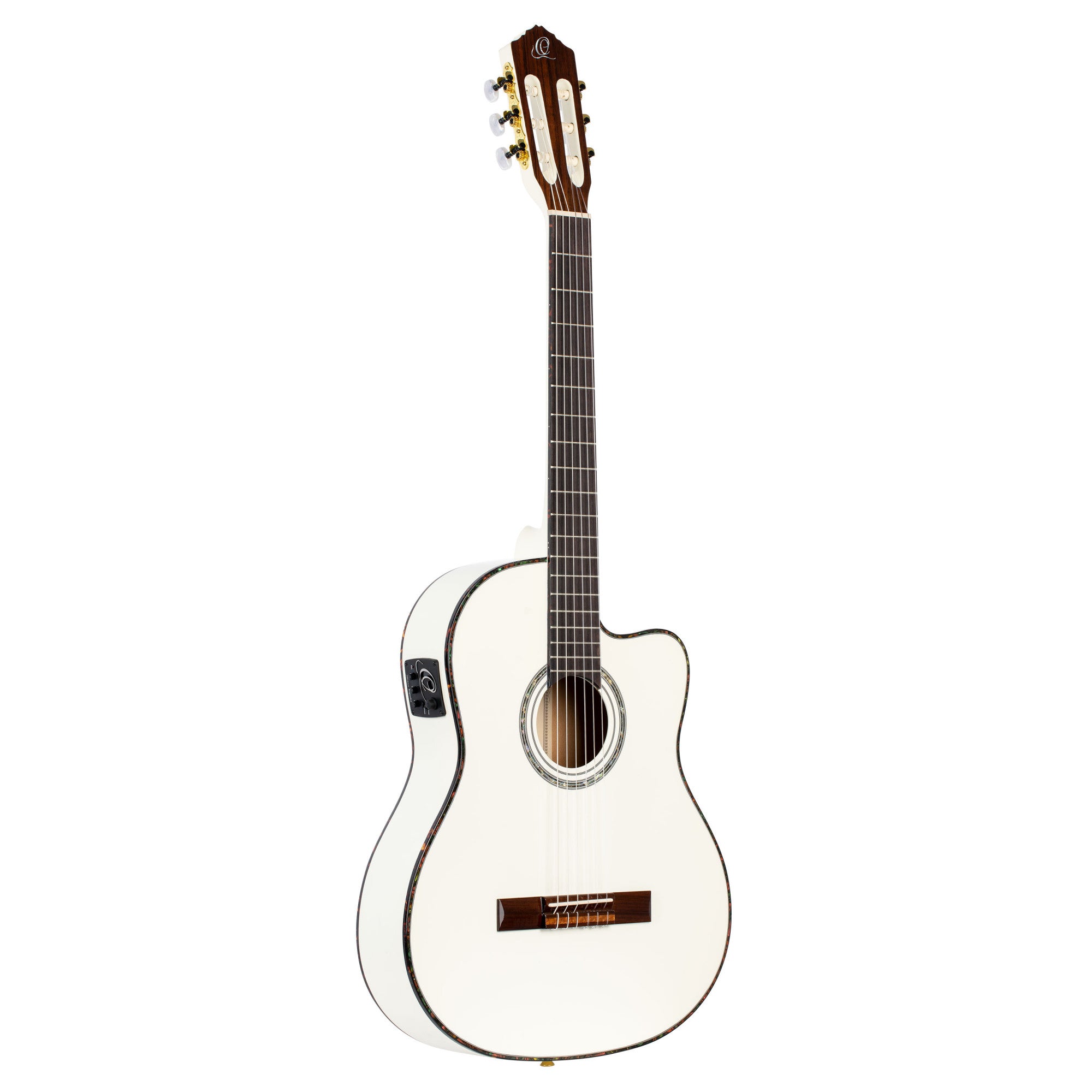 ORTEGA Family Series Pro 4/4 Konzertgitarre Schmaler Hals Dünner Korpus - weiß inkl. Tasche und Gurt