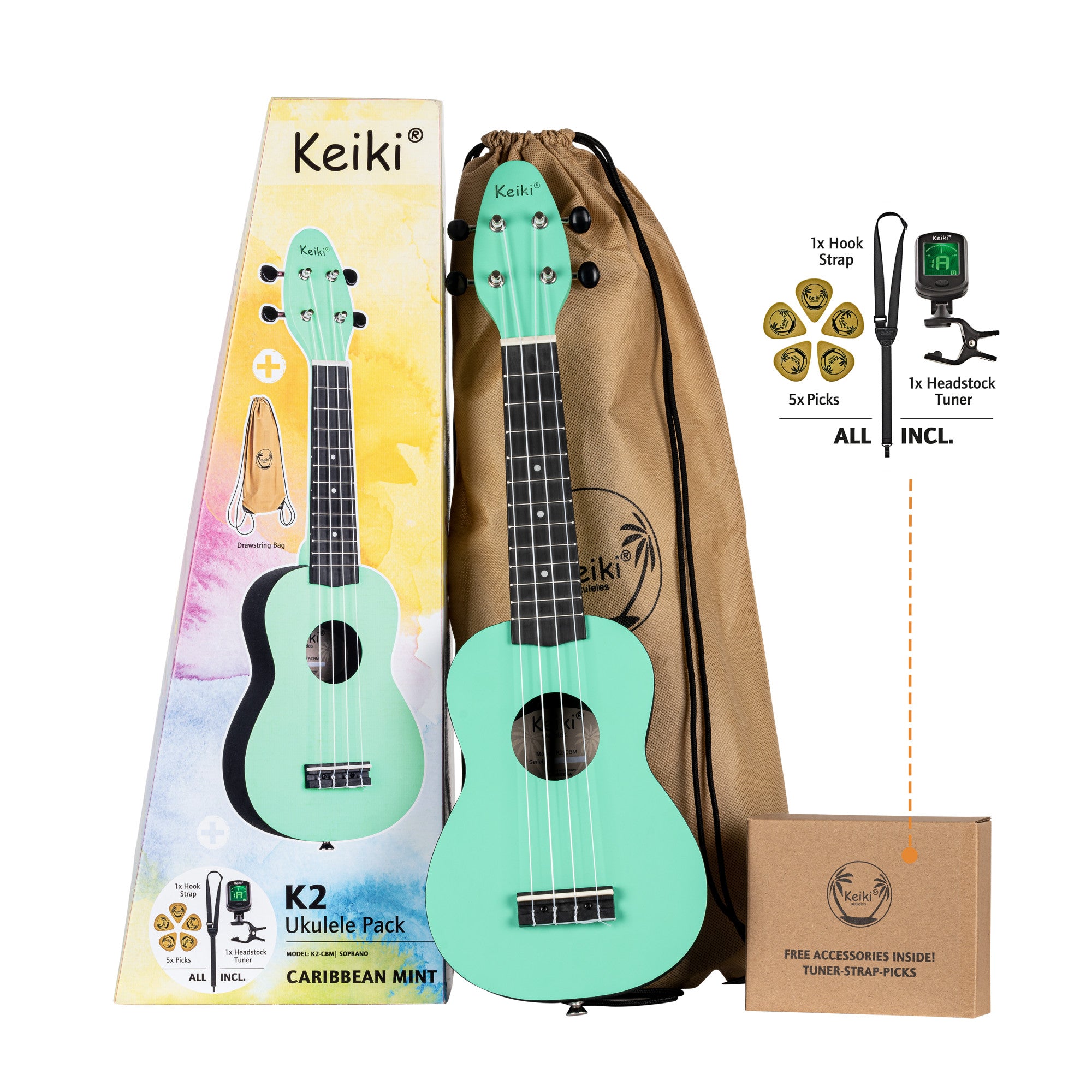 KEIKI K2 Serie Sopran Ukulele Set - Agathis / ABS Caribbean Mint