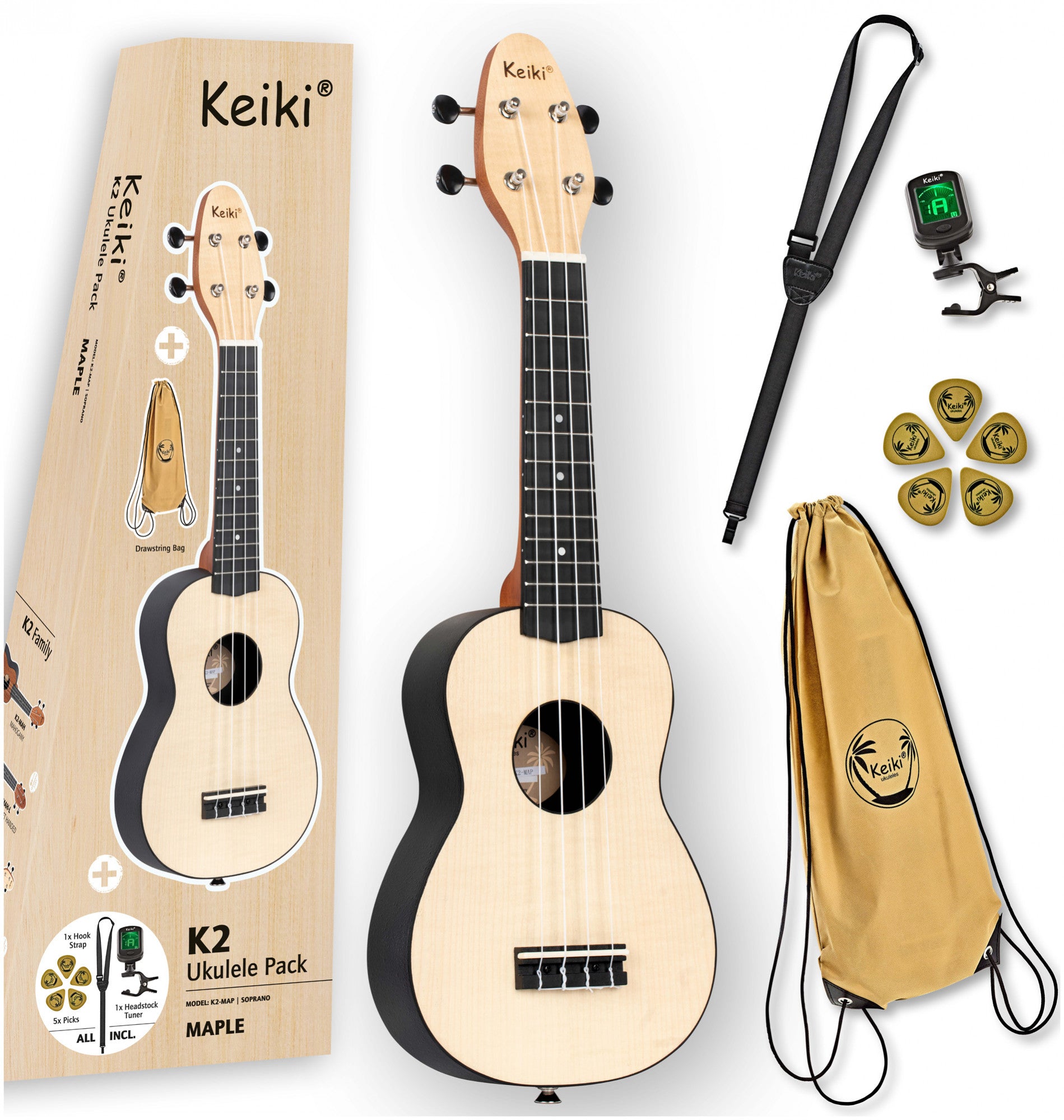 KEIKI K2 Serie Sopran Ukulele Set - Maple Natural / ABS