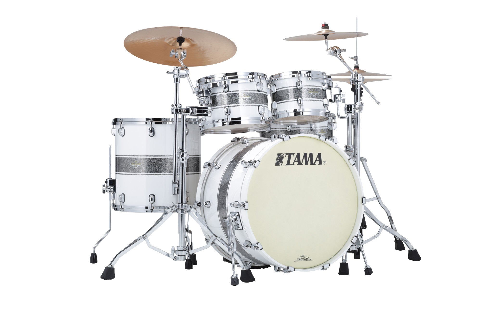 TAMA Starclassic Maple Lacquer Shell Kit 4 teilig - Silver Snow Racing Stripe/Chrom HW