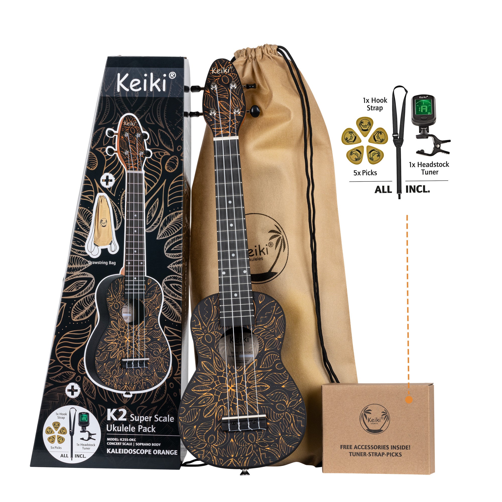 KEIKI K2 Serie Superscale Sopran Ukulele Set - Agathis / Orange Kaleidoscope