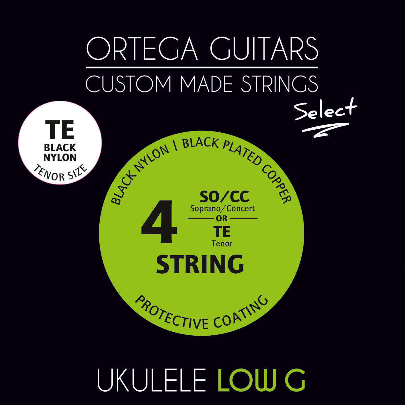 ORTEGA Ortega Custom Made Tenor Low-G Ukulele Select Saiten Set, schwarzes Nylon, schwarz umsponnener Kupferdraht