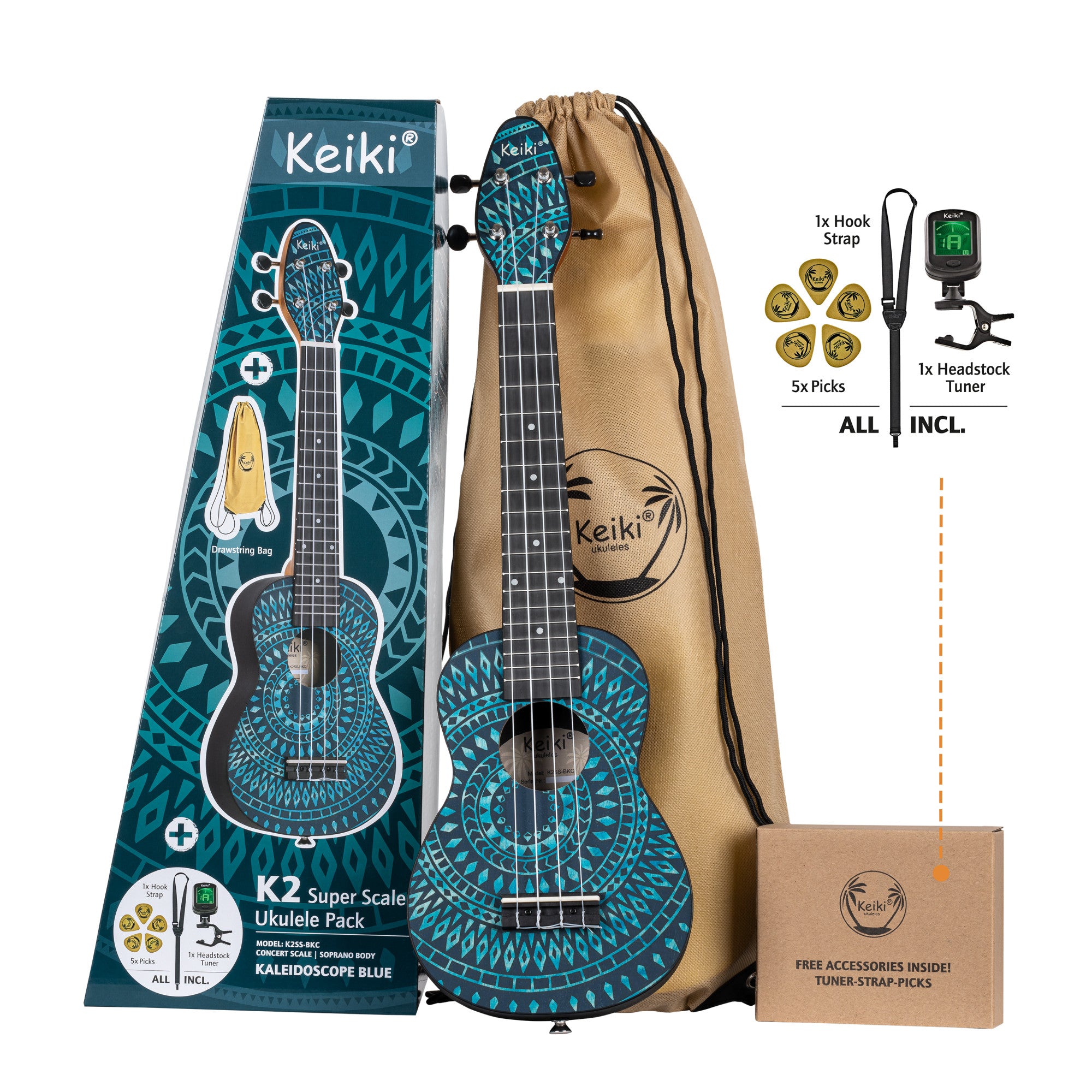 KEIKI K2 Serie Superscale Sopran Ukulele Set - Agathis / Blue Kaleidoscope